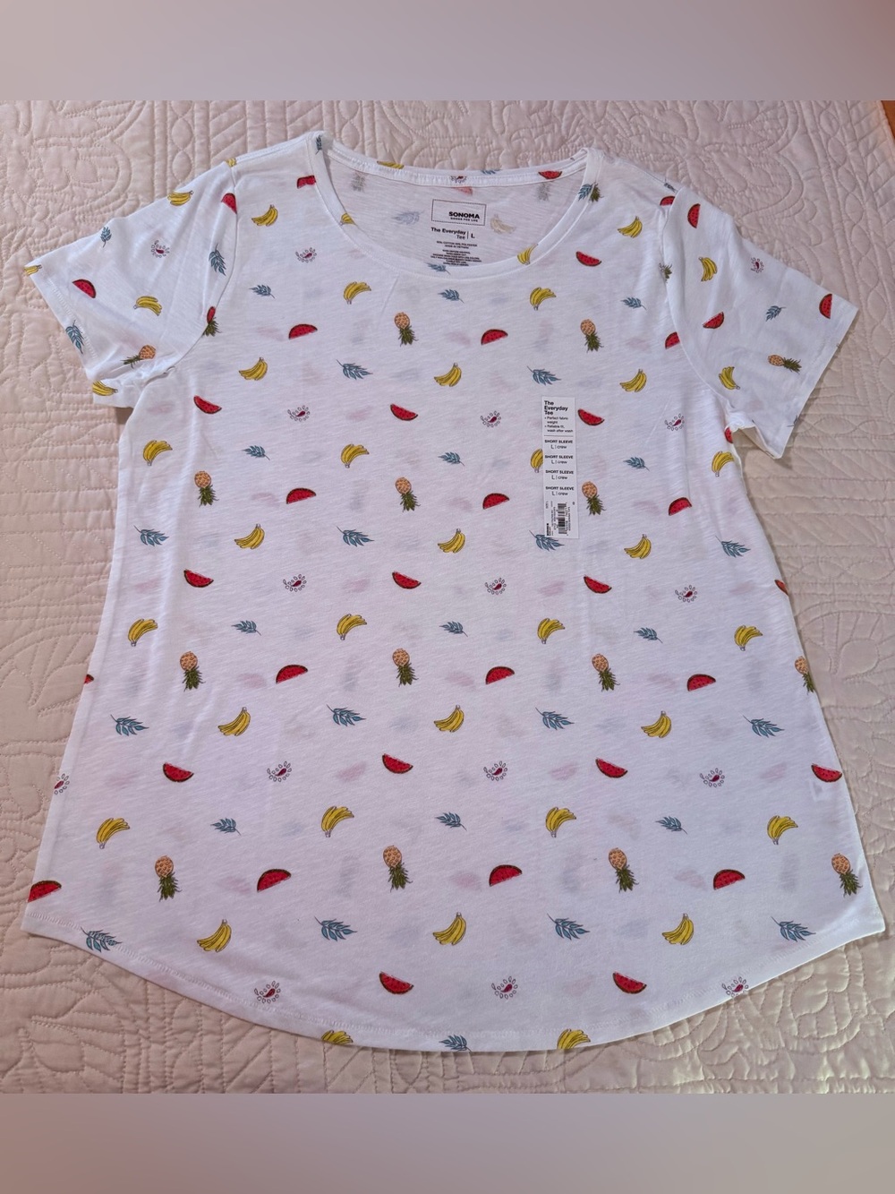 Sonoma Goods For Life White Short Sleeve Crew Neck Fruit Pattern T-Shirt Large
